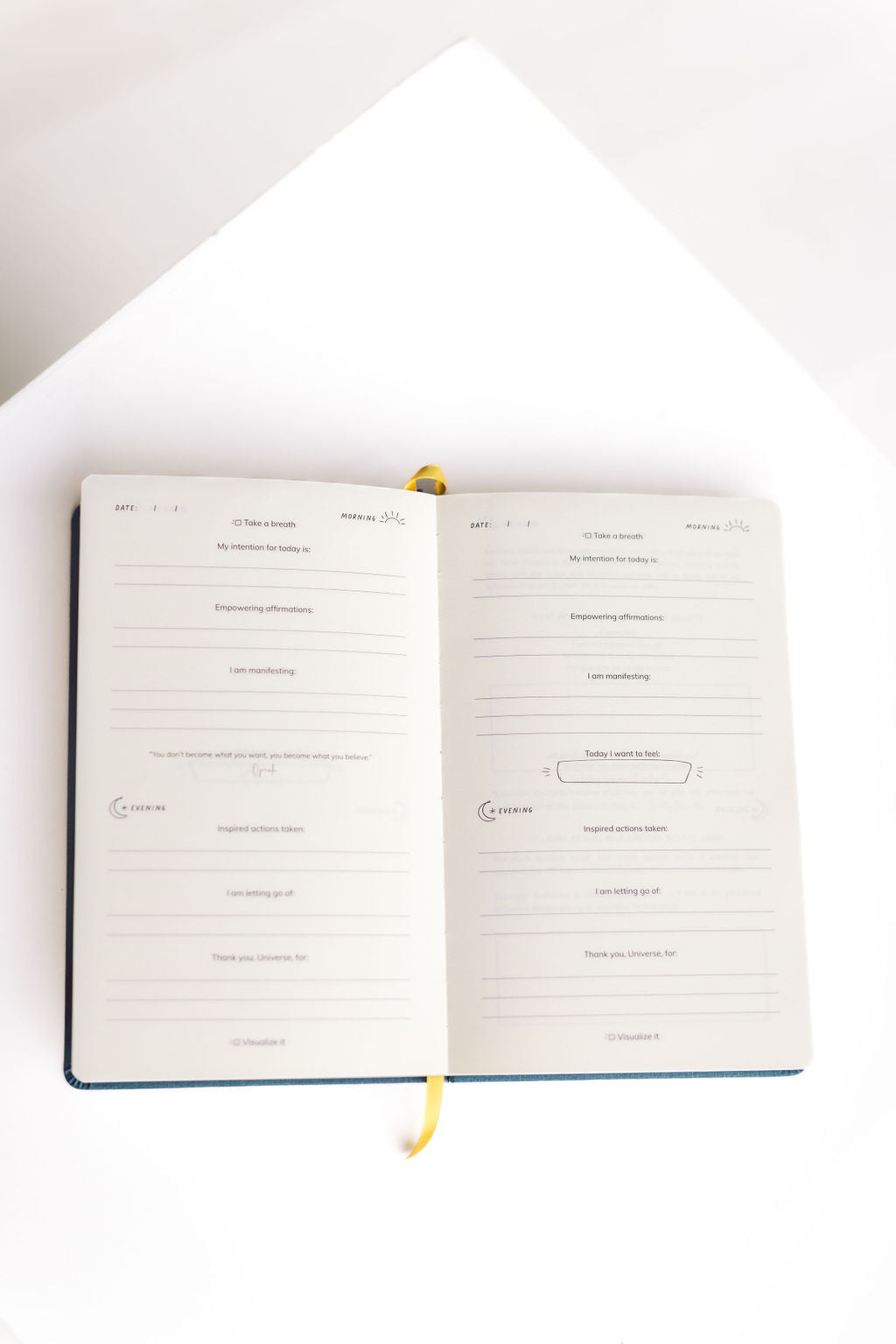 Manifestation Journal with daily prompts for morning and evening. Personal growth journal with prompts to help you manifest. Journal prompts that include intention setting, affirmations, quotes and a gratitude list.