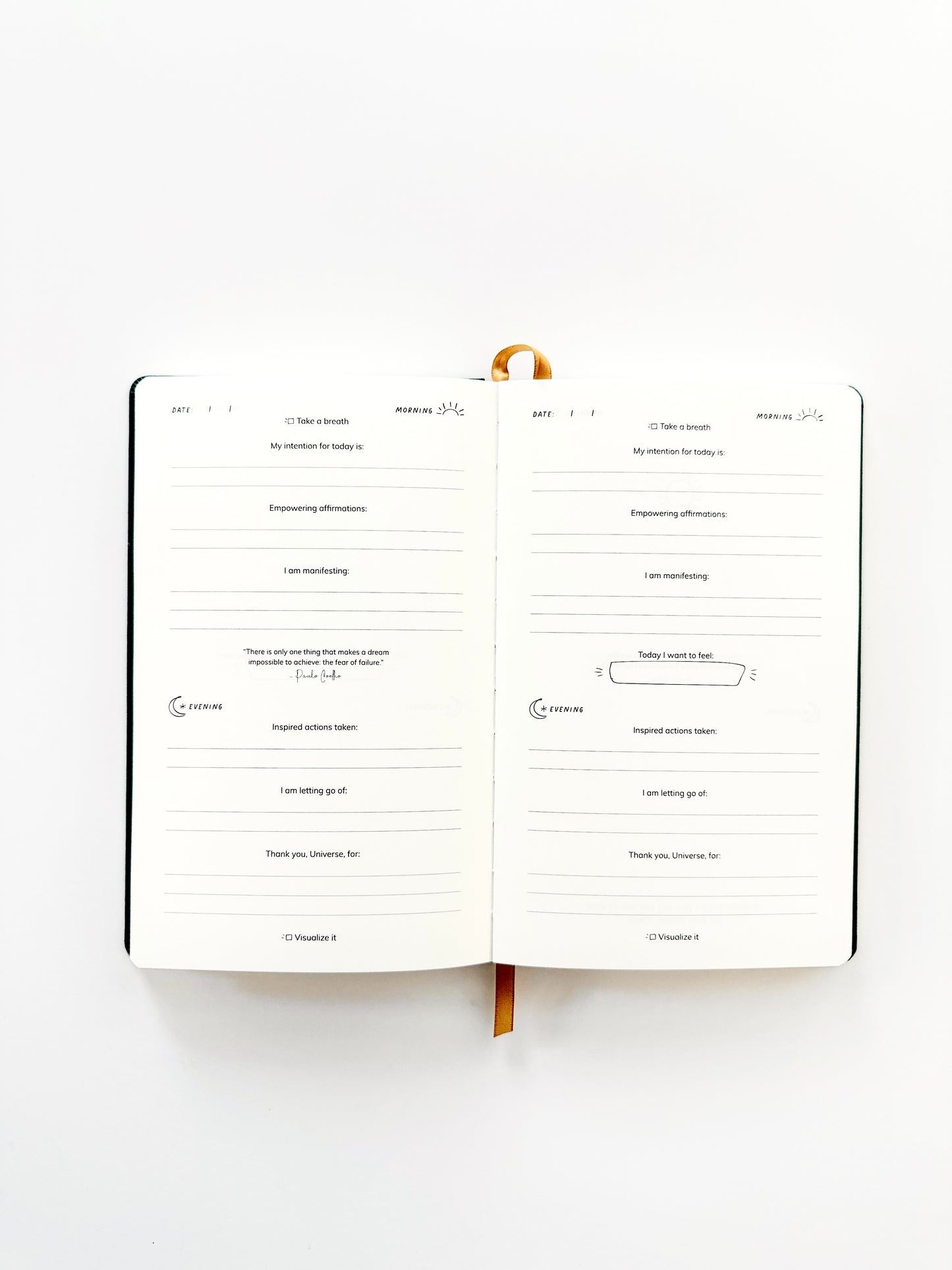 Journaling prompts that include setting an intention, practicing affirmations, an inspiring quote, letting go of what is not serving you and gratitude practice.